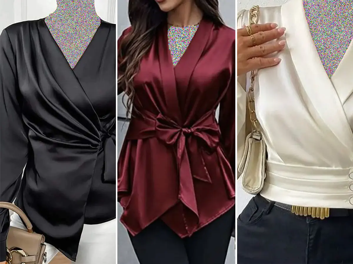 ترکیب شومیز ساتن جدید با اکسسوری‌ طلایی و کیف دستی مجلسی