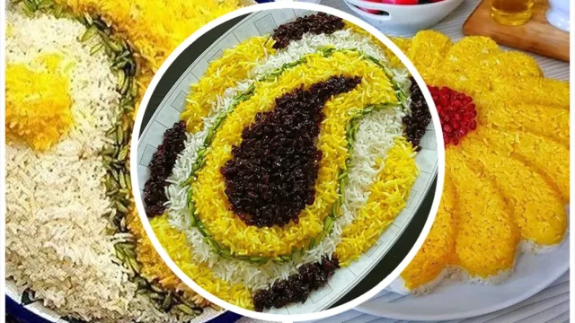 تزیین برنج مجلسی | ترکیب رنگی چشمگیر با مواد طبیعی