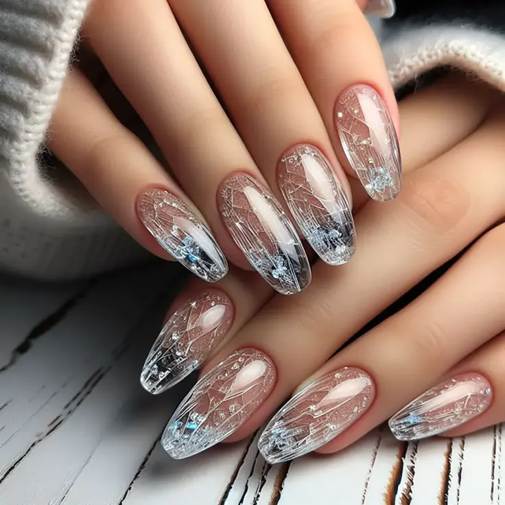 ناخن آینه‌ای شیشه‌ای با خاک نقره‌ای