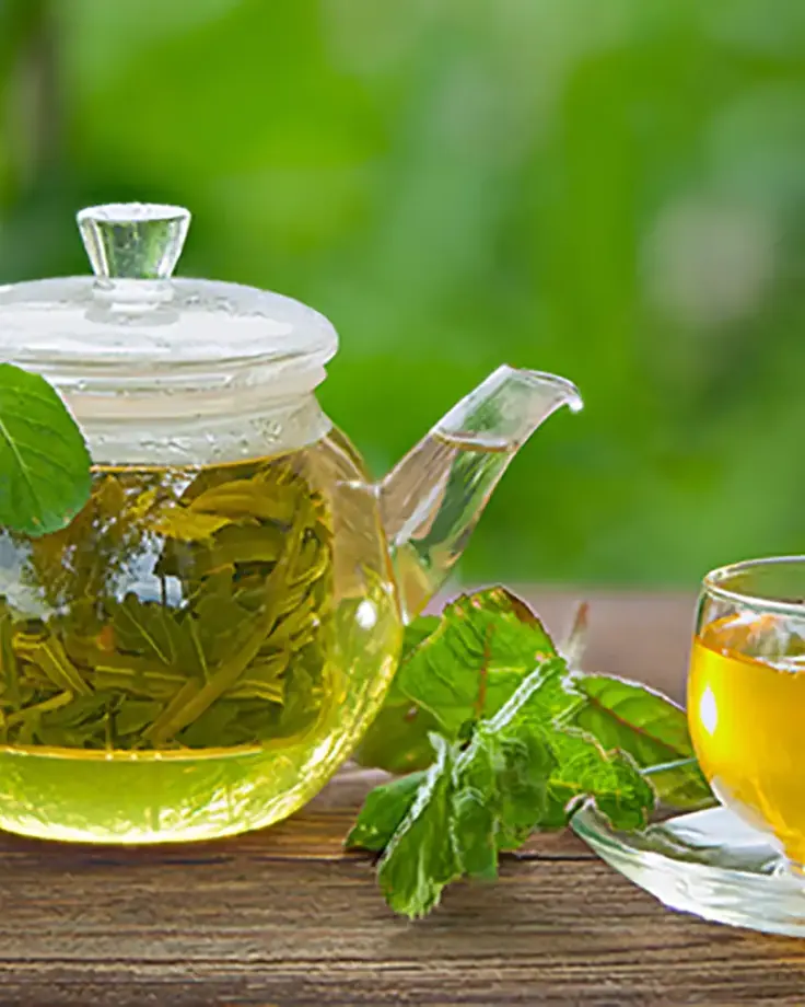 قوری شیشه‌ای دمنوش گرم پاییزی با نعنای تازه