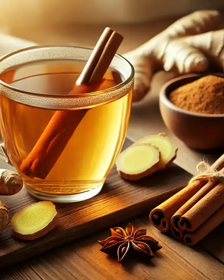 دمنوش گرم پاییزی زنجبیل و دارچین در فنجان شیشه‌ای