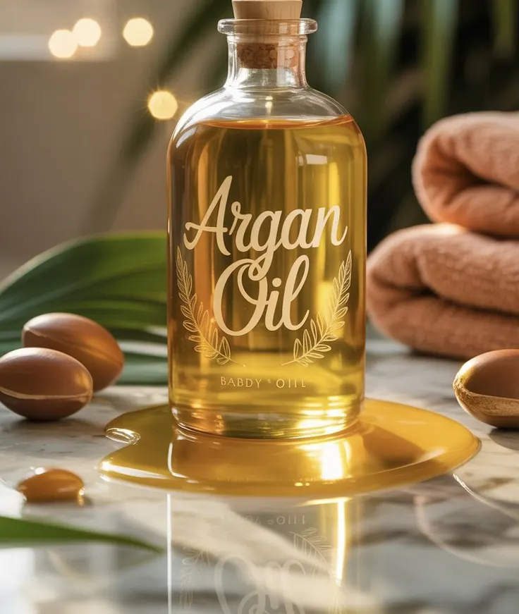 قطره‌چکان روغن آرگان خالص روی میز چوبی