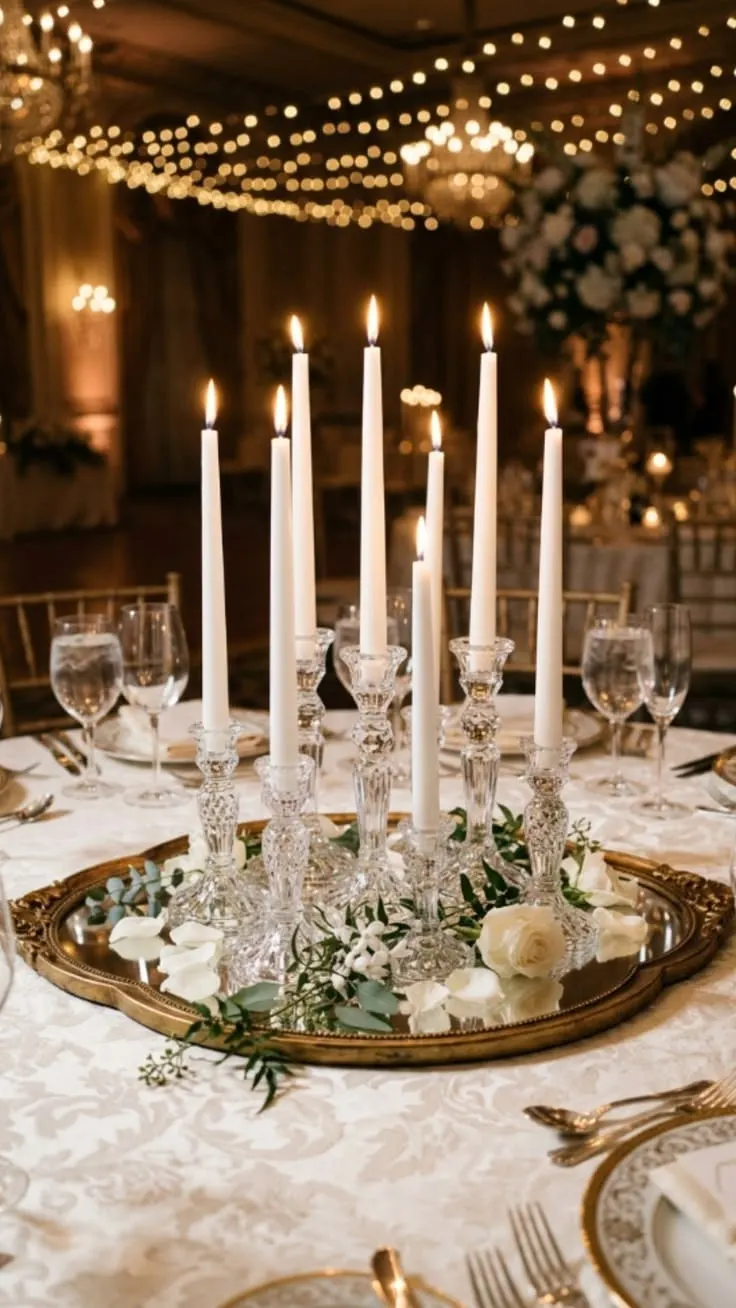 شمع‌آرایی میز با شمع بلند در شمعدان کریستالی روی سینی آینه