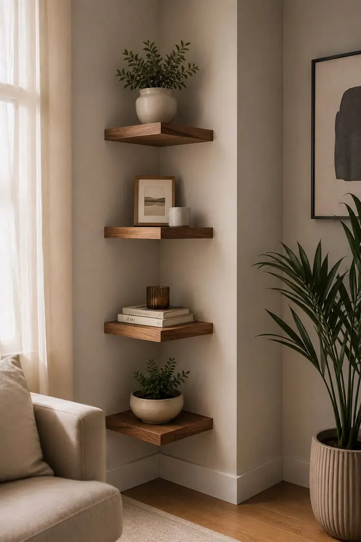 شلف چوبی گوشه با کتاب و گلدان کوچک