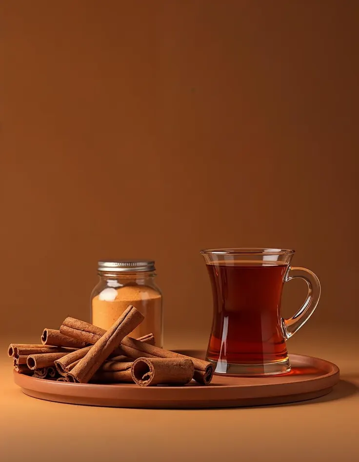 سینی چوب دارچین و پودر دارچین کنار لیوان چای