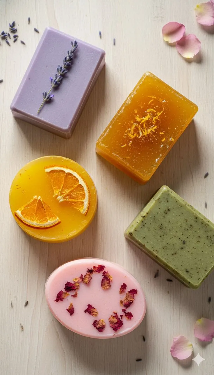 ردیف صابونهای دستساز روی تخته چوبی