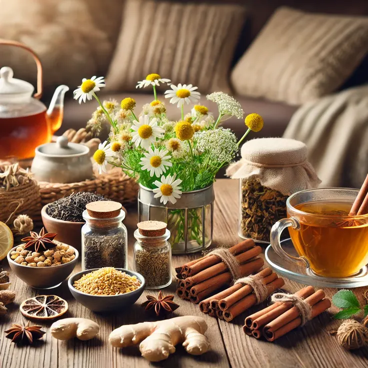 چیدمان چای گیاهی با زنجبیل، دارچین و لیمو خشک