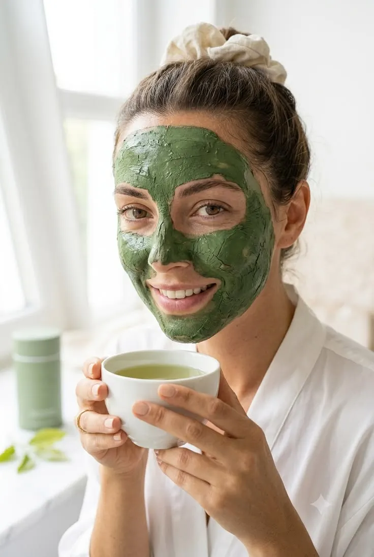 زنی با ماسک چای سبز روی صورت و فنجان چای سبز در دست