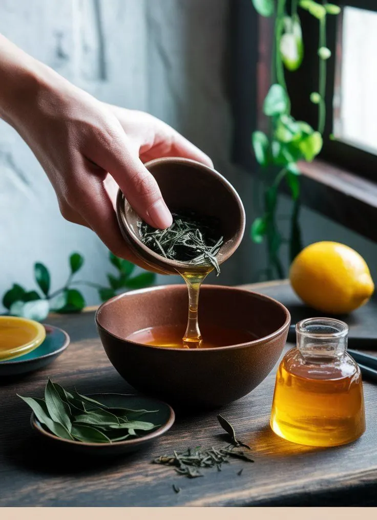مواد اولیه ماسک چای سبز و عسل کنار لیمو و برگ چای