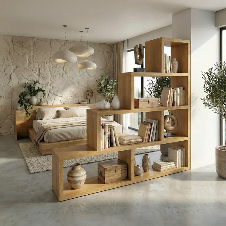 پارتیشن کتابخانه‌ای پله‌ای چوبی برای اتاق خواب