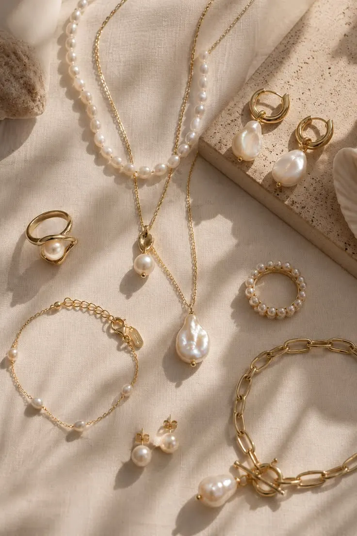 گردنبند مروارید باروک با زنجیر طلایی و انگشتر