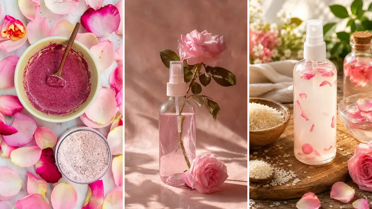 کلاژ سه‌قسمتی ماسک خانگی گلبرگ رز، شیشه گلاب و مواد ساده طبیعی