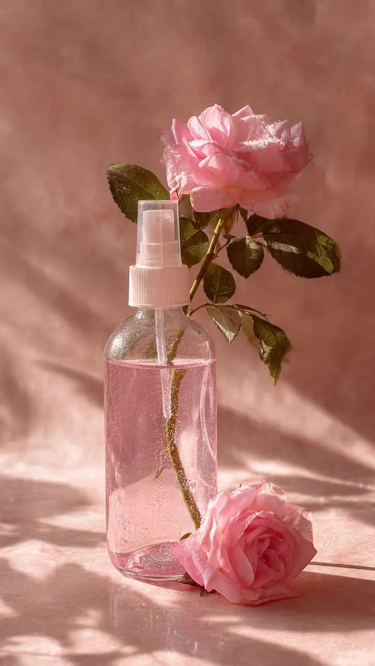 شیشه اسپری گلاب طبیعی کنار شاخه گل سرخ