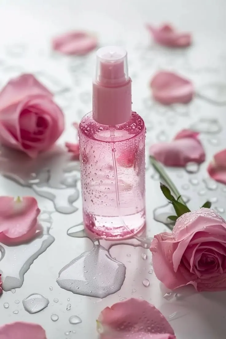 بطری گلاب در میان قطرههای آب و شکوفههای سرخ