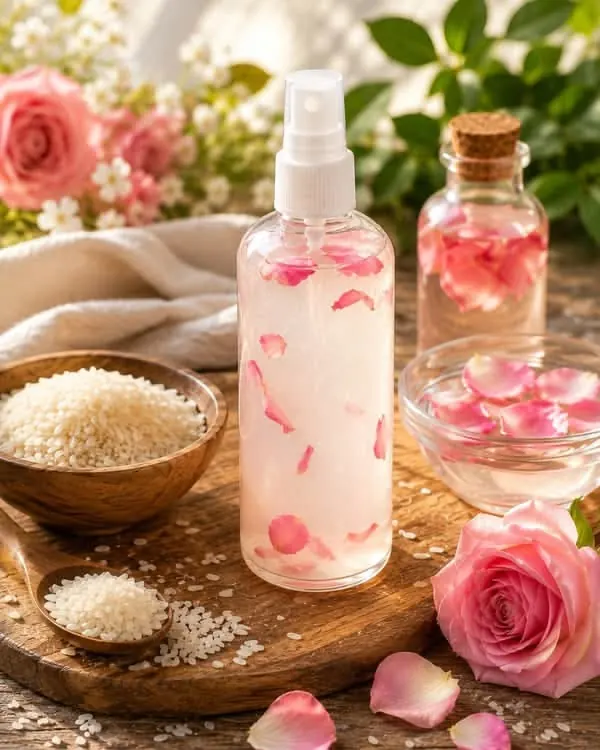 شیشه پر از گلبرگ، کاسه برنج و شاخههای رز روی تخته چوبی
