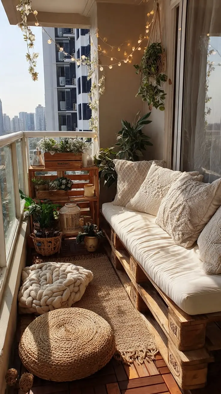 مبل پالتی با کوسن کرم و پاف حصیری برای بالکن کوچک